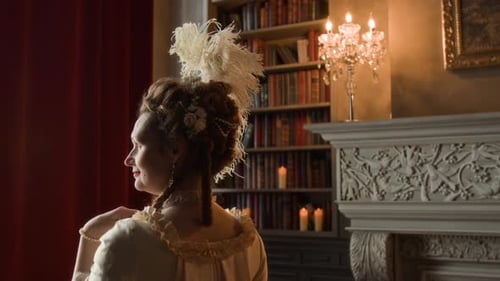 Noble Dame in Glamorous Historical Dress Standing by Window in Castle