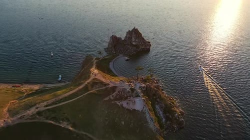 Aerial Cape Burkhan is a Cape on the West Coast of Olkhon Island on Lake Baikal