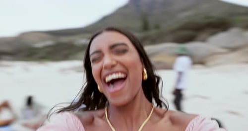 Pov, beach and woman with vacation, funny or spin with weekend break, journey or excited