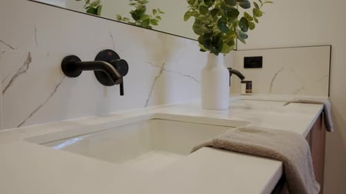 Elements of Modern Tiled Bathroom in Modern Home Real Estate Interior Wide Footage Move Camera