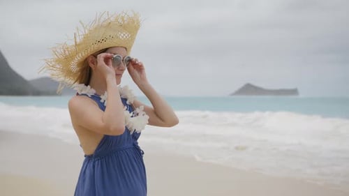 Portrait of Hula Woman Wearing a Plumeria Orchids Lei Happy Smiling Face HAwaii