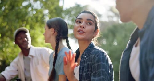 Hiking, happy and friends in nature talking for bonding, relax and conversation outdoors on weekend