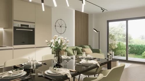 3D-Rendern. Der Flug der Kamera um den Tisch im Studio-Apartment