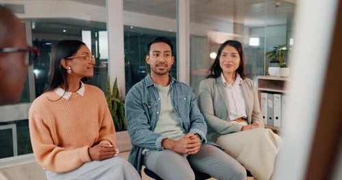 Business people, marketing and presentation with group interview, training