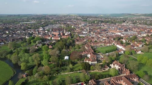 Salisbury medieval cathedral city England reverse drone aerial
