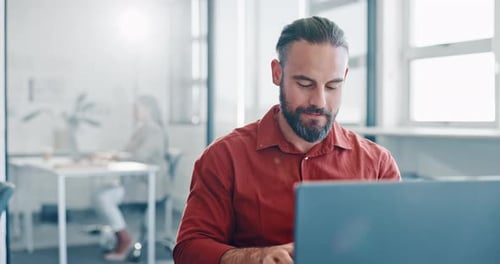 Businessman, laptop or hands behind head in relax, digital marketing website