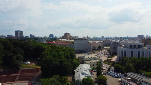 High aerial view at European Square in Kyiv downtown. Cinematic cityscape of capital of Ukraine. Dro