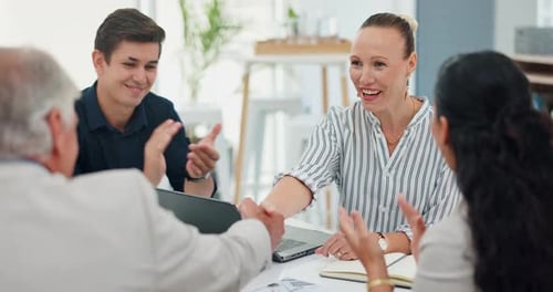 Business people, handshake and welcome for partnership in meeting with applause