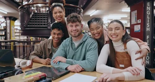 University, students or together in group at library with smile for education