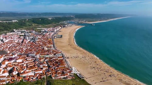 Aerial view of Nazare town and Nazare Beach in Portugal