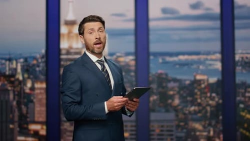 Elegant Newscaster Presenting Daily Breaking News in Television Show Close Up