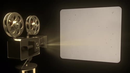 Vintage film projector with blank frame showing movie on screen with noise effect.Cine industry Loop