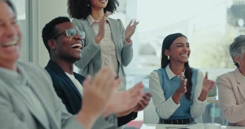 Business people, group and applause for celebration, meeting or success at investment agency