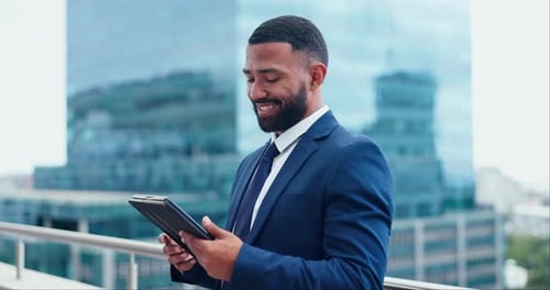 Thinking, tablet and business man in city for social networking, online website and connection