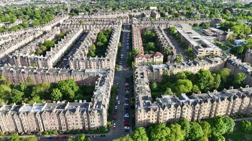 Drone shot of Victorian tenements in Marchmont, Edinburgh, Scotland