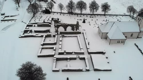 Aerial Flyover Of Stone Ruins Of A Historical Medieval Abbey In Europe