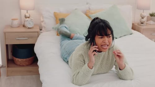Woman, bedroom and phone call frustrated talking on smartphone upset, anger and tired at home