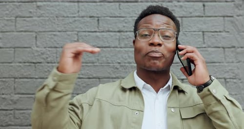 Business man, phone call and happy in city for talking, listening or conversation with laughing