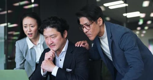 Frustrated, asian people and laptop with shock for bad news, market crash