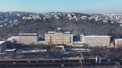 Praha CSSZ building in Smichov, aerial drone sunny day front view, Czech Republic