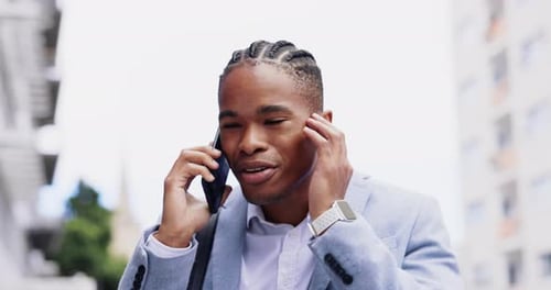 Business man, phone call and bad connection on street with listen, talking and search for signal