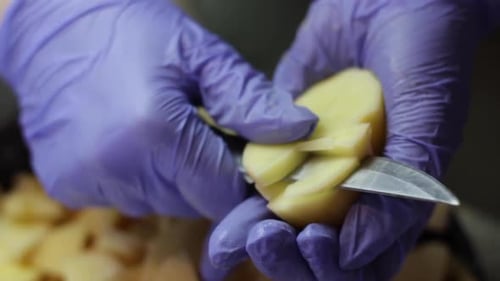 Close up of hands with purple gloves cutting russet potato with knife