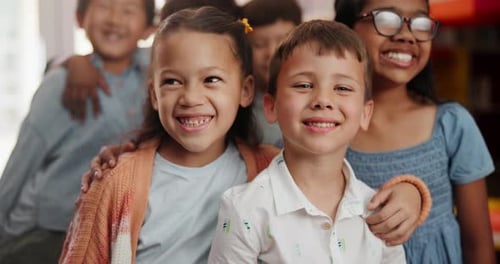 Face, hug and school with friends, students and education with happiness