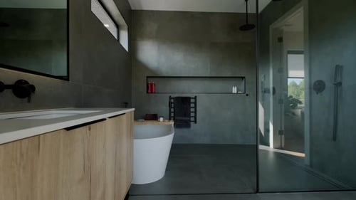 Elements of Modern Tiled Bathroom in Modern Home Real Estate Interior Wide Footage