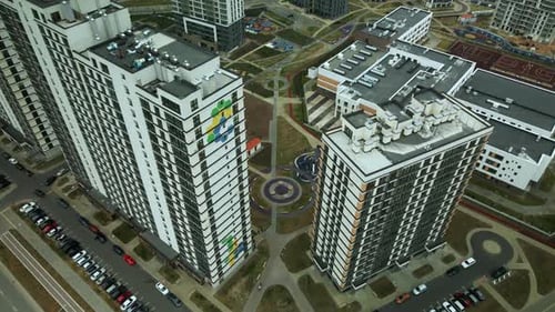 Modern urban architecture. Multi-storey buildings with infrastructure. Densely populated urban area.