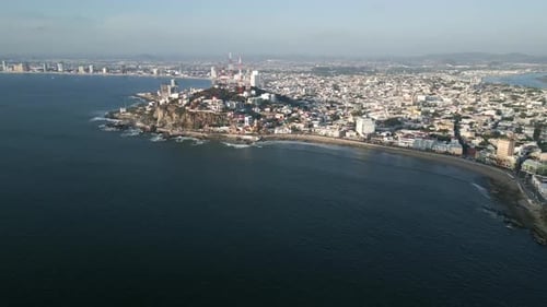 Aerial Drone Fly Mazatlan Sinaloa City Mexico Panoramic Blue Sea Coastline