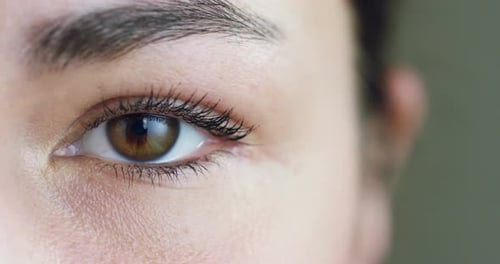 Close-up macro shot of young female human brown eye blinking in slow motion. Concept of moments of