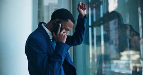 Stress, corporate and black man at window with phone call, communication and business fail