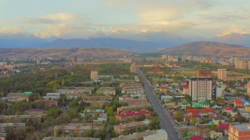 View from receding drone soviet architecture cityscape Bishkek, capital of Kyrgyzstan