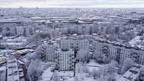 Riga's Purvciems District in Winter. White City. Aerial View.