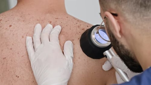 Male Doctor Inspecting Skin Condition with Dermatoscope