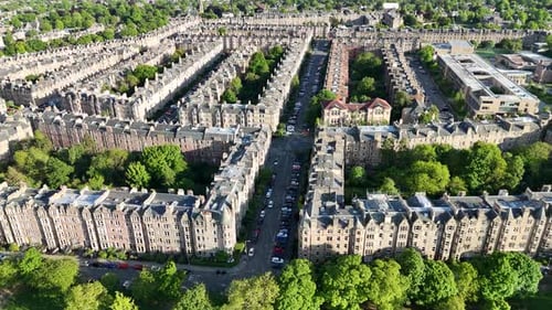 Aerial footage of Victorian tenements in Marchmont district, Edinburgh, Scotland