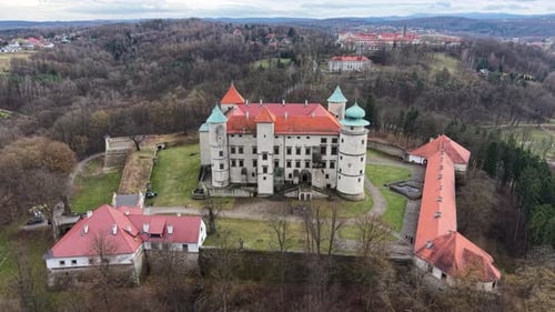 Aerial shot of Nowy Wisnicz Castle in Poland