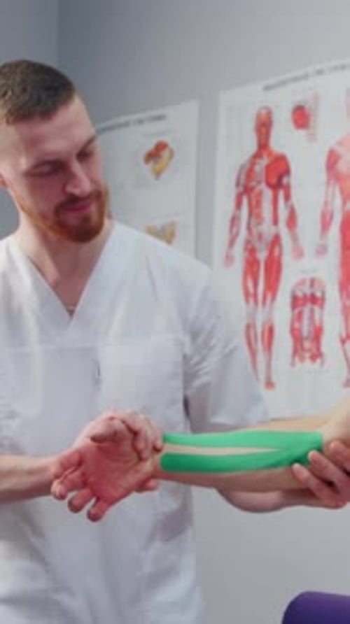 Kinesiology Physiotherapist Checks Kinesio Tape on Man Treatment of Injuries Doctor Applies Kinesio