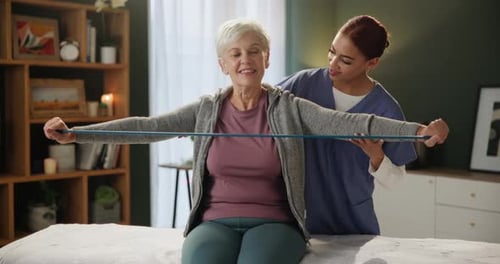 Resistance band, physiotherapist and senior woman with recovery in clinic for physiotherapy