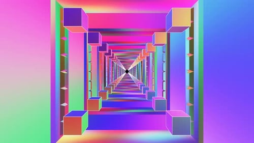 Vibrant Colorful Cube Tunnel Abstract Psychedelic Art Digital Design Neon Rainbow Geometric Perspect