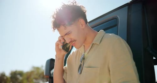 Man, phone call and outdoor on road trip for signal search, contact and confused on holiday