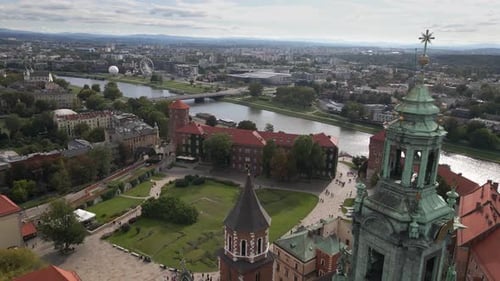 Aerial view of the center of Krakow, the Vistula River and the Wawel Royal Castle and the cathedral