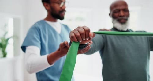 Physiotherapy, hand and resistance with a black man in a clinic for rehabilitation