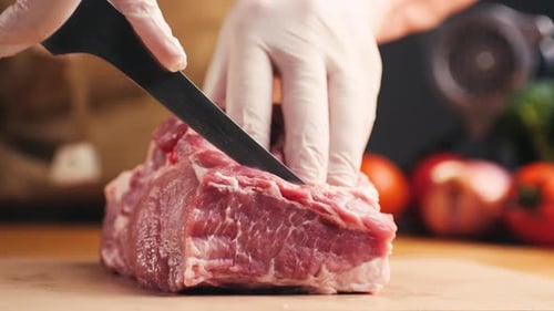 Man Cut Meat Steak Beef Pork Neck Cooking Cook Butcher The Chef Cuts the Meat for Cooking Neck