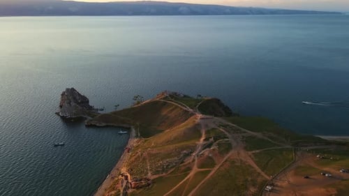 Aerial Cape Burkhan is a Cape on the West Coast of Olkhon Island on Lake Baikal
