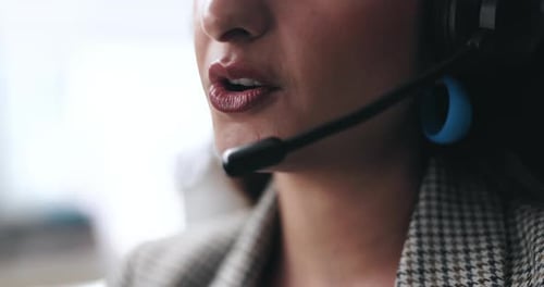 Headset, mouth and businesswoman in office for customer service, tech support or telemarketing