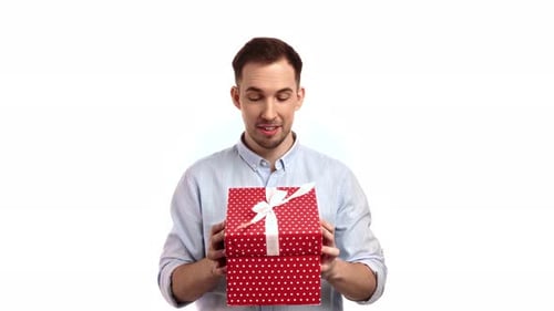 Smiling Man Open Wrapped Red Gift Box Giving Present Valentine's Day Birthday Holiday Congrats