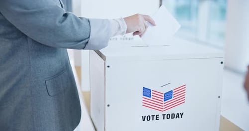 Casting vote, ballot in box and hand in election, USA referendum or democracy