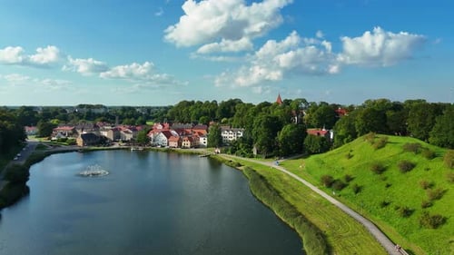 Aerial View Of Lake Talsi (Talsu Ezers) with Charming Town In Talsi, Latvia.