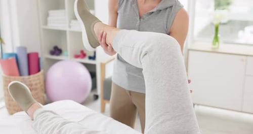 Physiotherapist, stretching and medical training for patient with injury for recovery as therapy